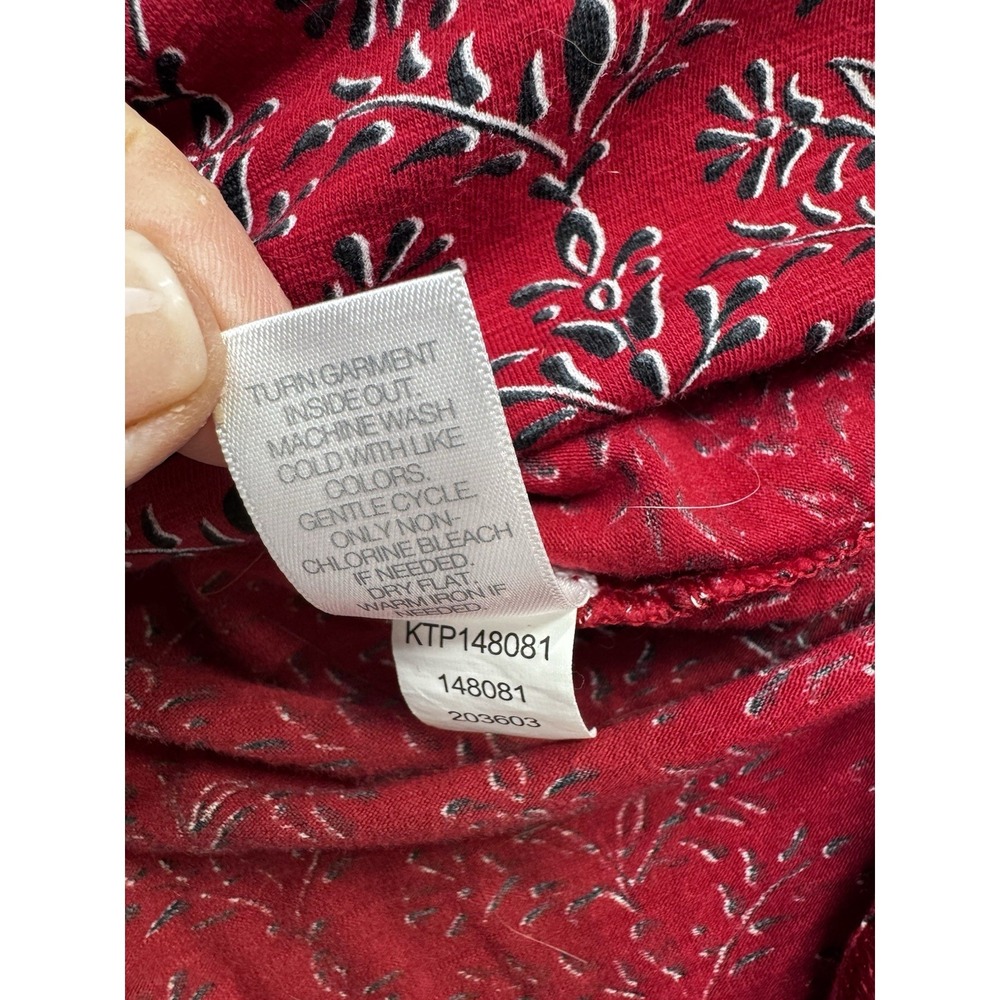 J Jill Popover Top Size Large Red Black Floral Print Soft Modal Knit Bell Slv - Picture 9 of 10